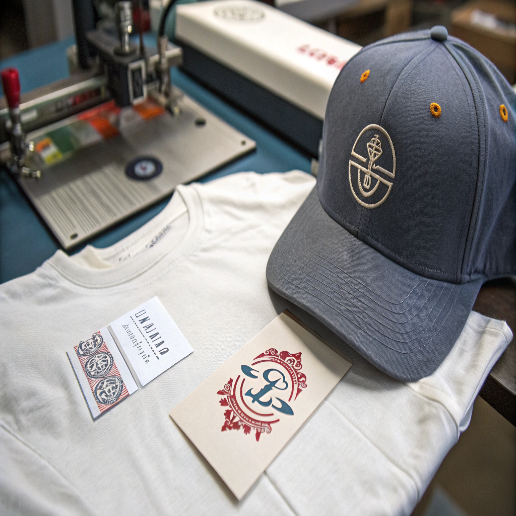Close-up shots of different logo applications: screen printing, embroidery, and embossing