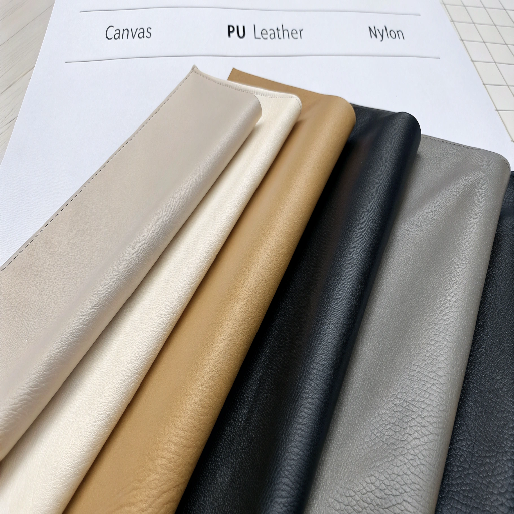 A mood board showing different bag material swatches like canvas, PU leather, and nylon