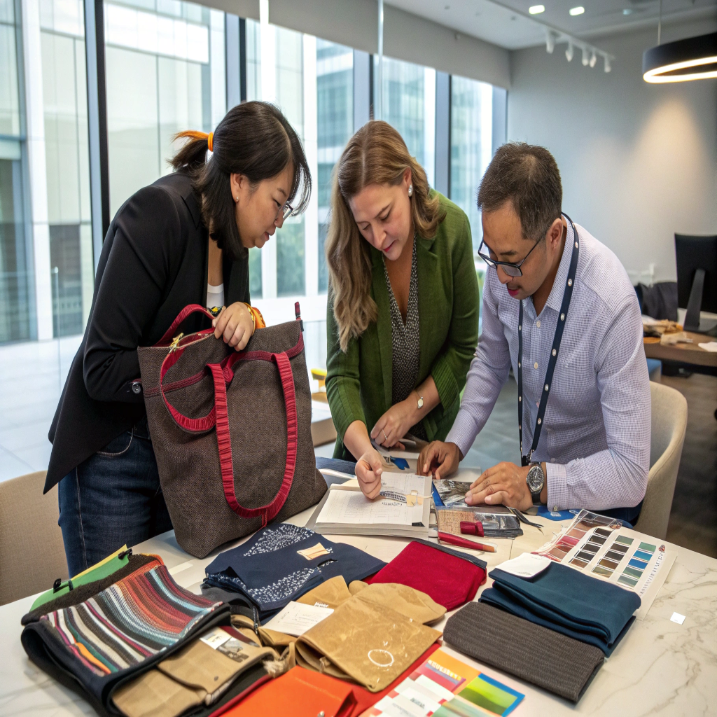 The Rivta team collaborating around a table with bag samples and swatches