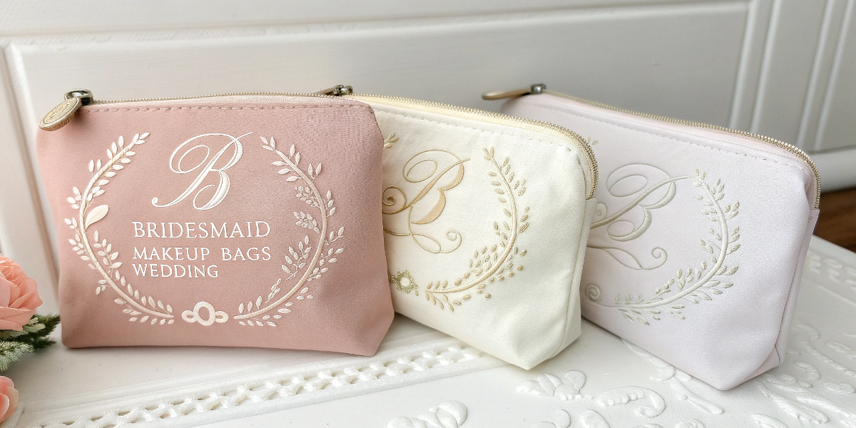 Elegant bridesmaid makeup bags in wedding theme colors with embroidered initials