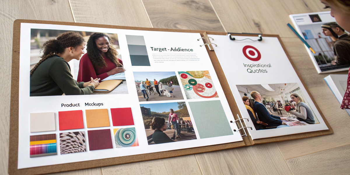 A mood board showing a cohesive brand strategy for a makeup bag line, with fabric swatches and logos