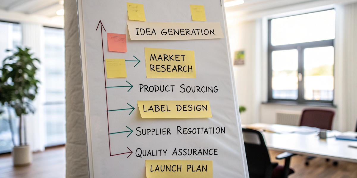 A simple flowchart showing the steps to launch a private label cosmetic bag