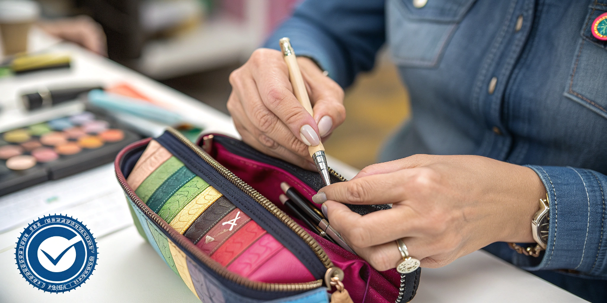 A person on a video call with a factory representative, discussing a makeup bag sample.