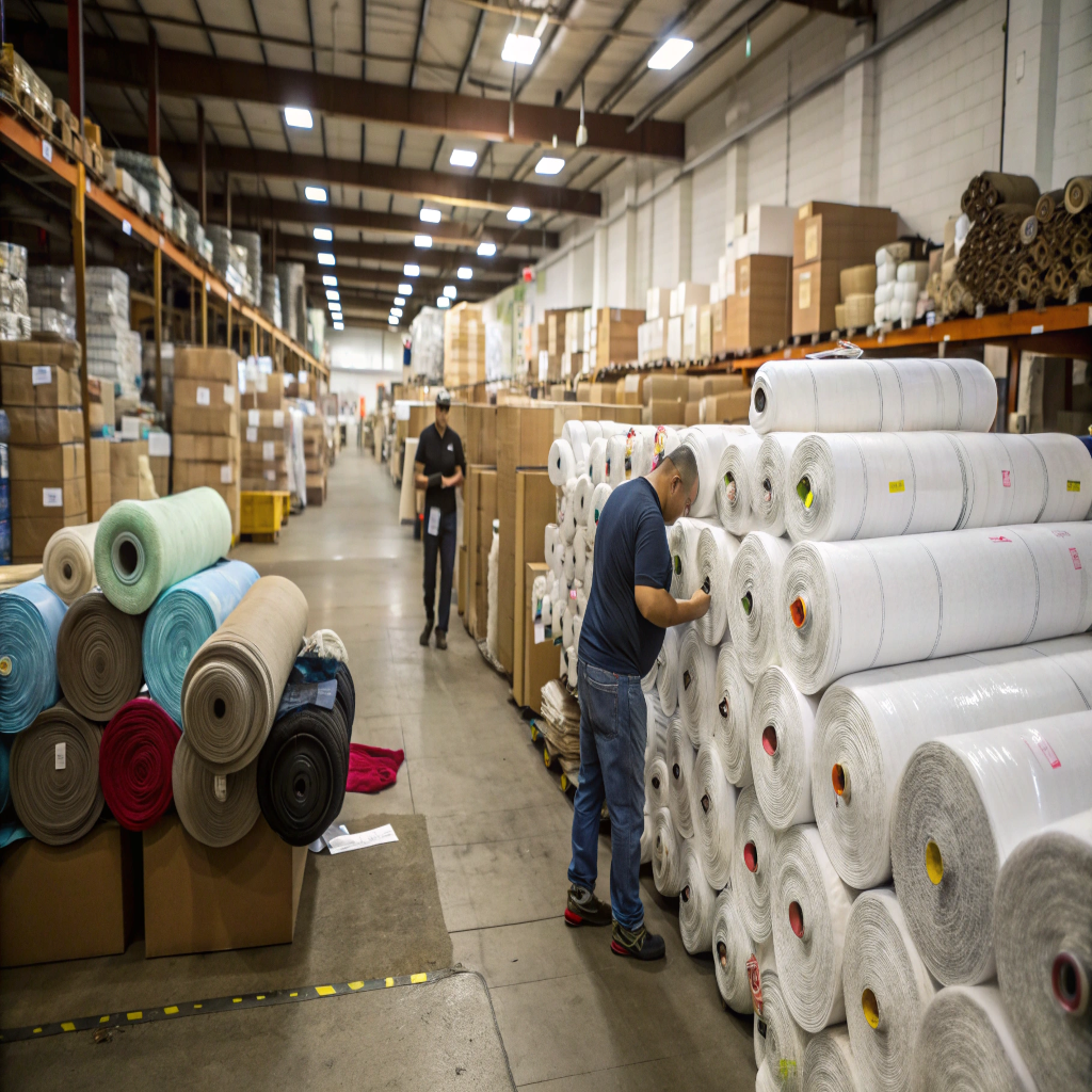 A warehouse with rolls of fabric and boxes, illustrating bulk production