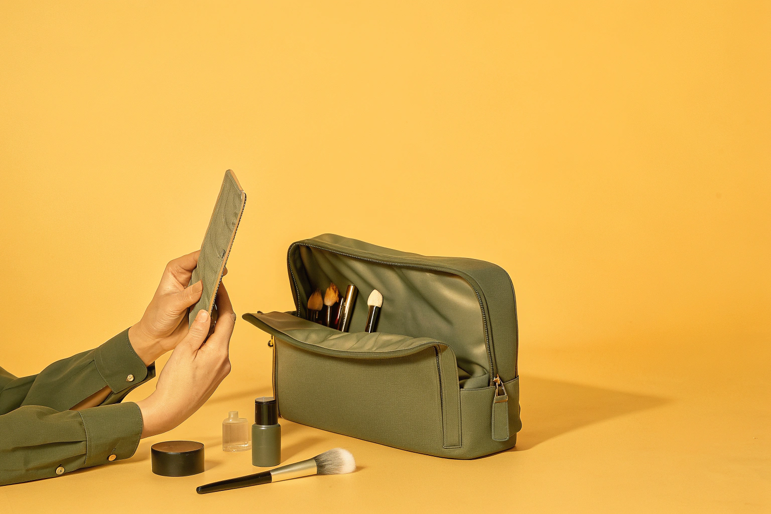 A designer using a checklist to review the final details of a makeup bag design before production