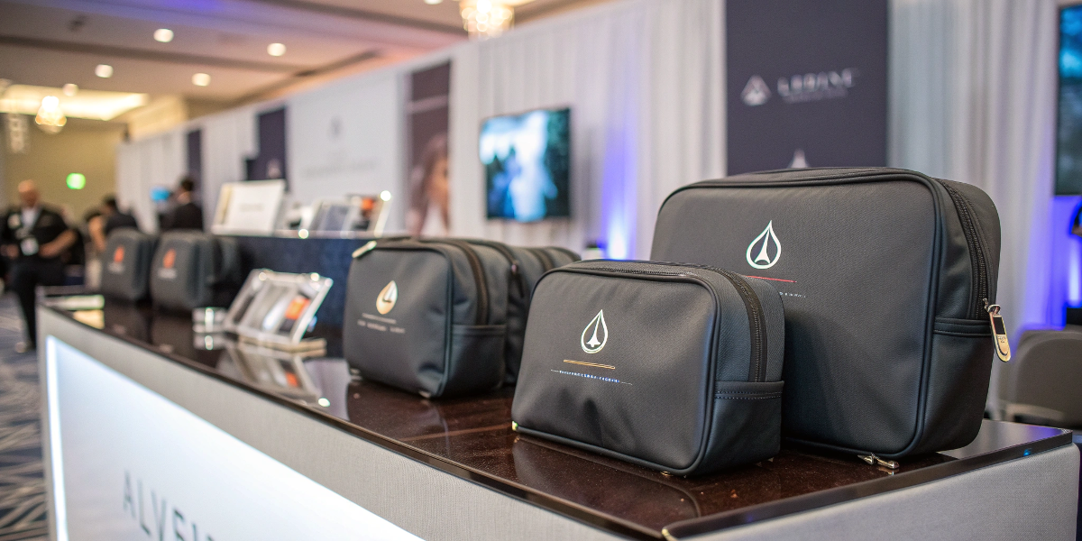 Sleek corporate makeup bags with a subtle company logo at an event booth