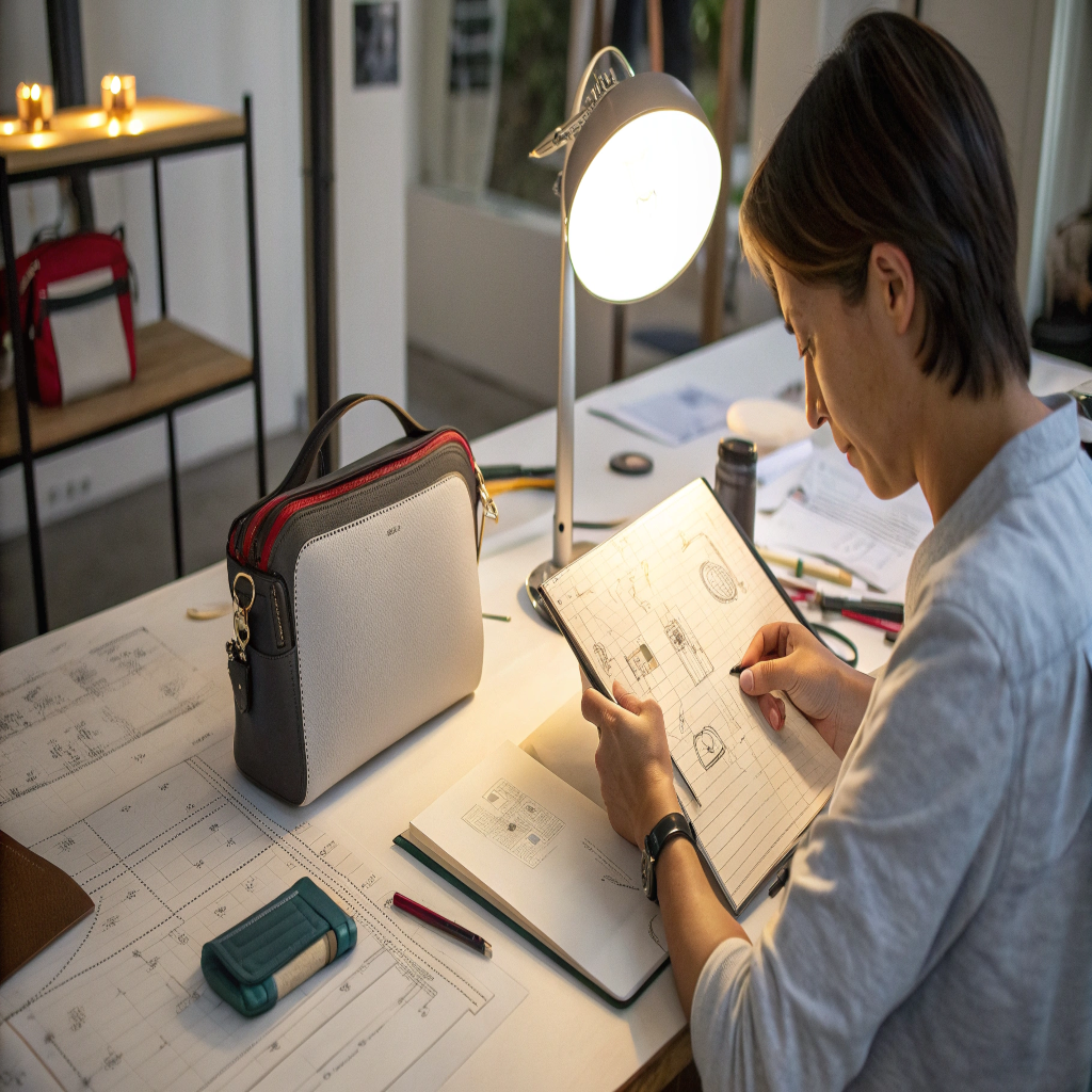 A designer carefully reviewing a cosmetic bag prototype against their technical drawings.
