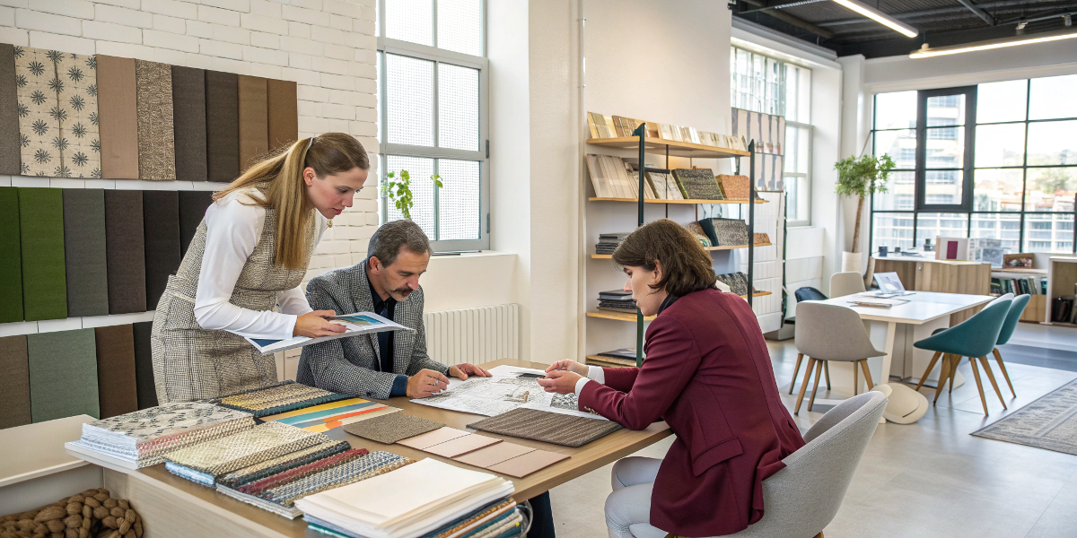 The Rivta Factory team collaborating with a client, surrounded by eco-friendly material samples