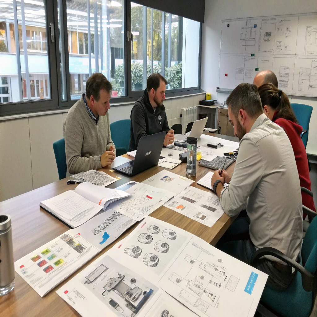 A photo of the Rivta team in a meeting room, with both product sketches (OEM) and catalog items (ODM) on the table.