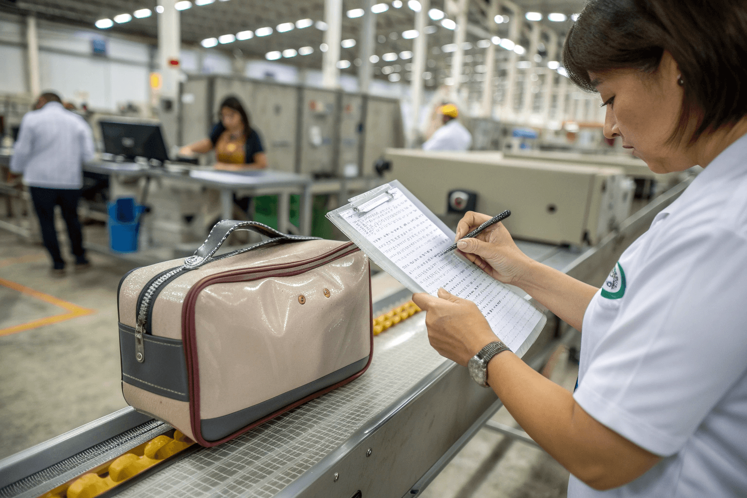 A person inspecting a PVC cosmetic bag in a factory setting, with a checklist in hand