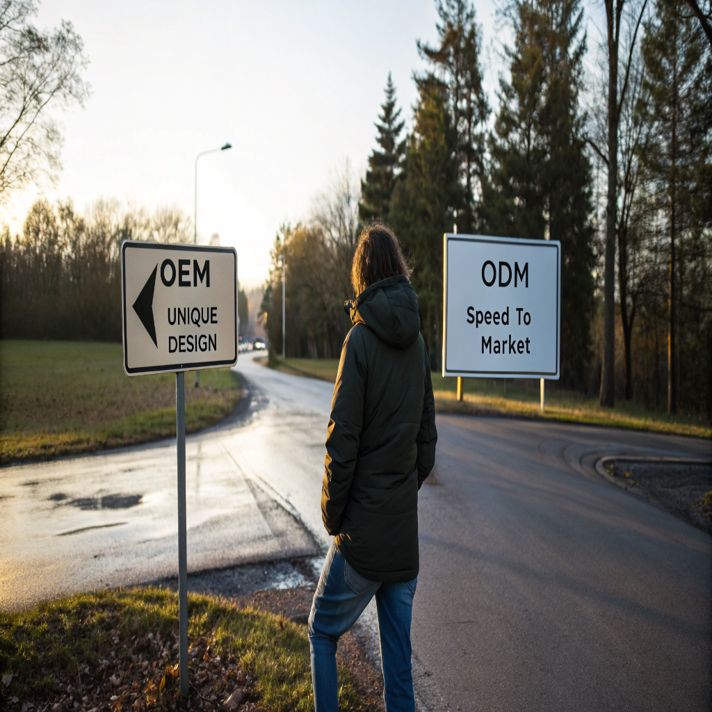 A person at a crossroads with signs pointing to 'OEM - Unique Design' and 'ODM - Speed to Market'.