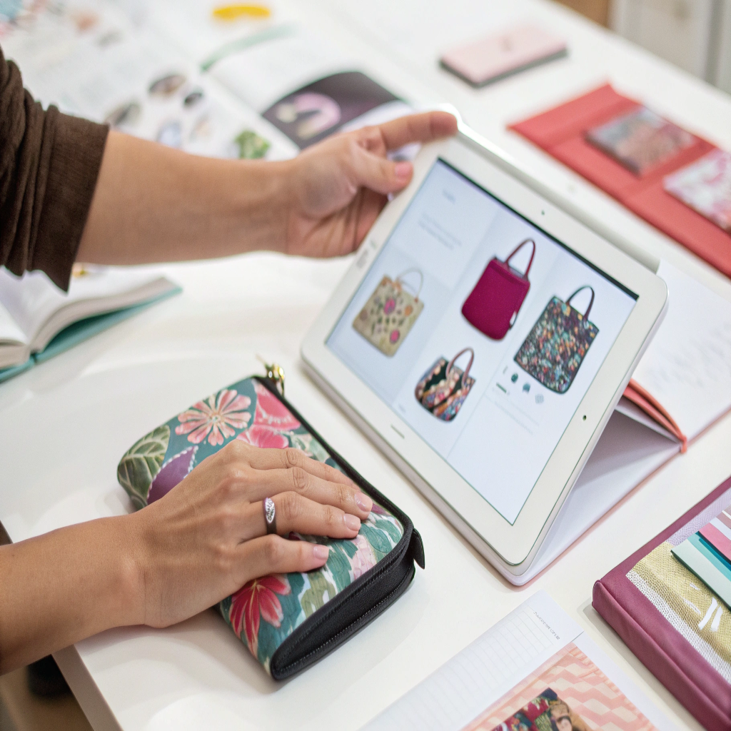 A hand pointing to a cosmetic bag design in a catalog or on a tablet.