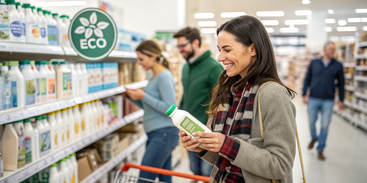 A customer smiling as they choose a product with a clear eco-friendly label in a retail store