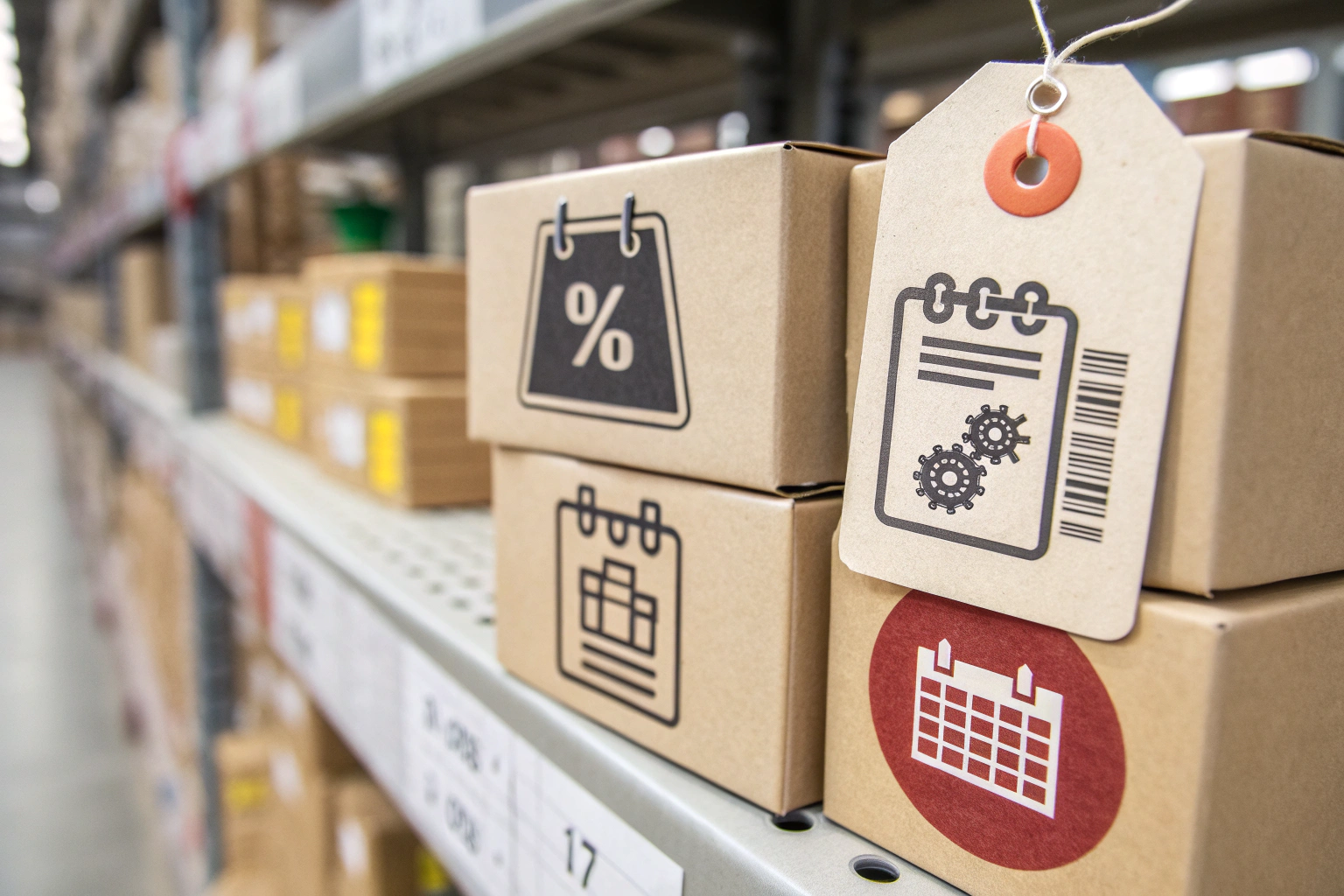 Icons representing MOQ (a stack of boxes), lead time (a calendar), and pricing (a price tag)