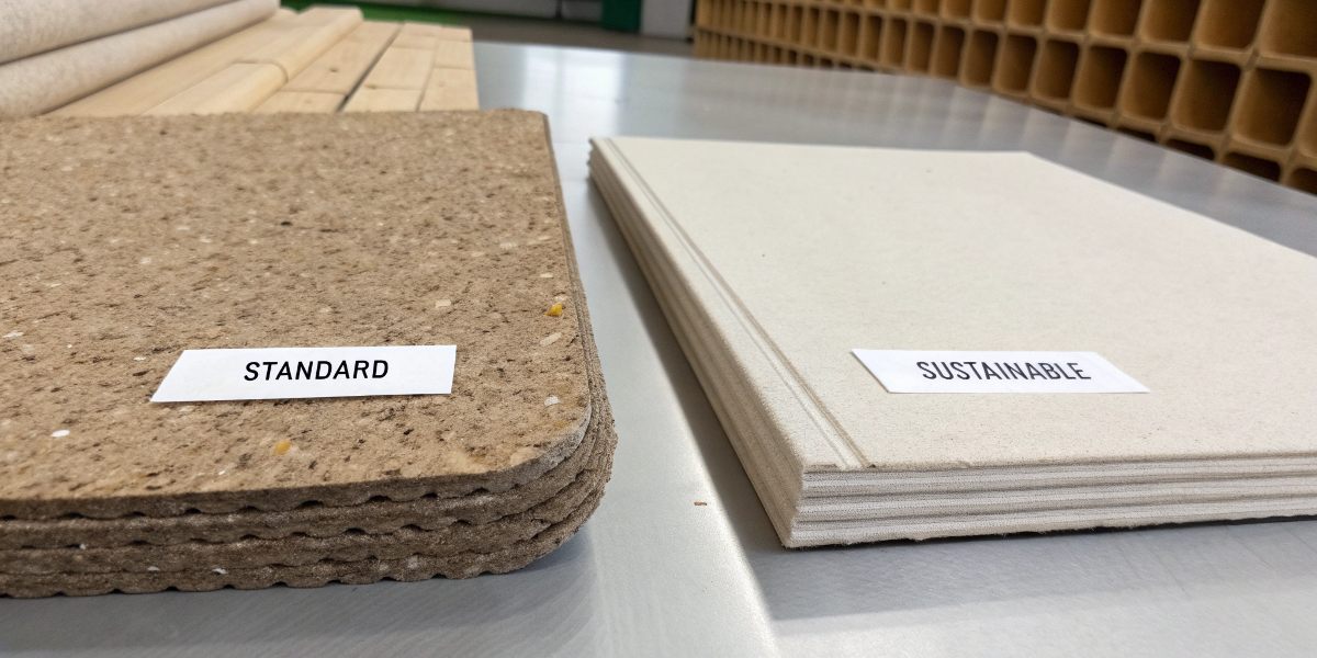 A side-by-side comparison of a standard material and a certified sustainable material, with cost and durability notes
