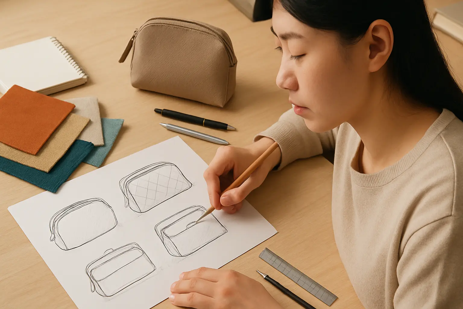 Designer's desk with cosmetic bag sketches and materials