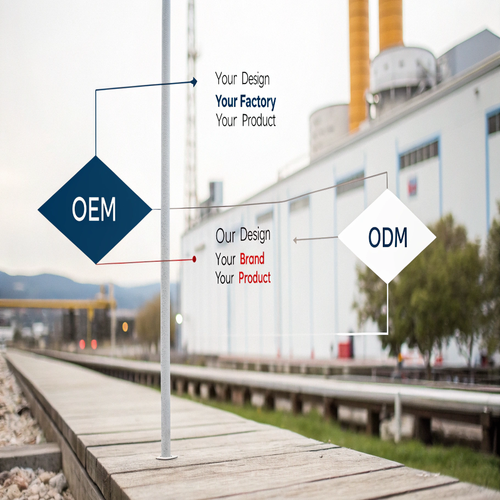 A simple diagram illustrating the OEM workflow (Your Design -> Our Factory -> Your Product) versus the ODM workflow (Our Design -> Your Brand -> Your Product).